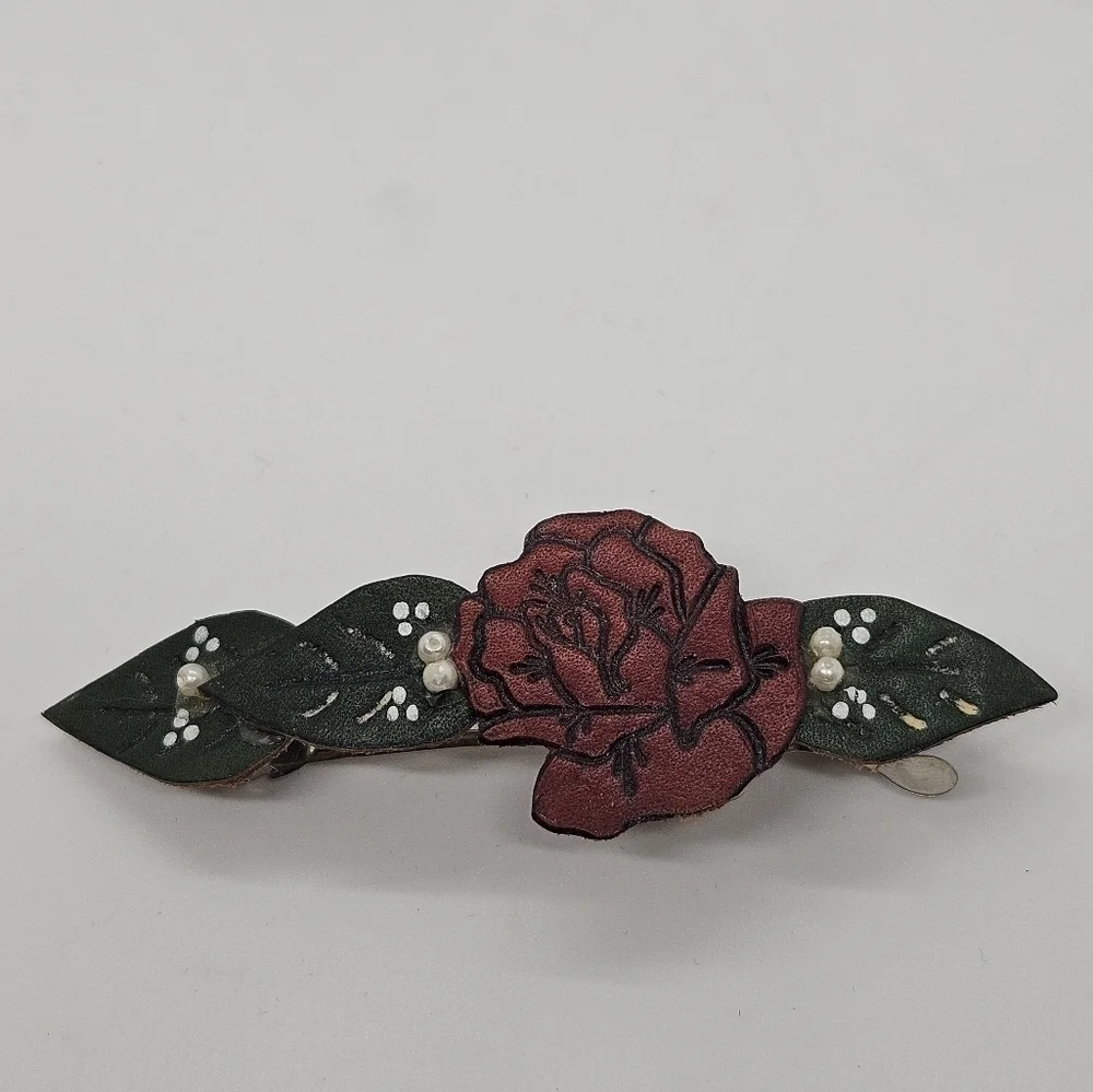 faux leather flower and leaves barrette hair clip faux pearls